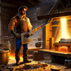 Blacksmith crafting a sword with sparks in well-lit workshop