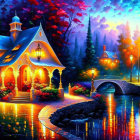 Colorful fantasy painting of lit cottages by serene lake