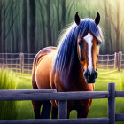 Chestnut horse with flowing mane in tranquil forest clearing at dusk