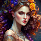 Digital portrait of woman with vibrant floral hair, exuding elegance.