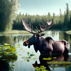 Majestic moose in serene lake with lush forest backdrop