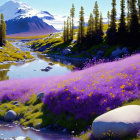 Scenic mountain stream with purple flowers and snow-capped peaks