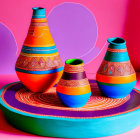 Vibrant painted pottery on pink and turquoise background