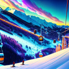 Snow-covered slopes and vibrant ski resort scene with cable cars and skiers under picturesque mountain sunset.