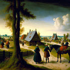 17th-century pastoral village painting with traditional attire, houses, trees, and horse rider under billowing
