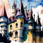 Colorful watercolor fairytale castle illustration with blue and pink turrets.