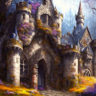 Stone castle towers in ancient forest with vines and colorful meadows