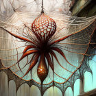 Fantastical floating structure with web-like wings above ancient cityscape