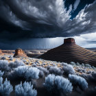 Dark Clouds Over Desert Sandstone Formations and Dunes