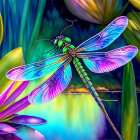 Vibrant Digital Art: Dragonfly on Flower Stem With Iridescent Wings