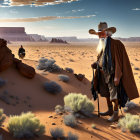 Bearded man in cowboy hat and coat in desert landscape with red sand and rock formations