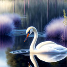 Graceful swan gliding on calm lake with mirrored reflections