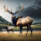 Majestic elk by serene riverbank with misty mountains