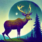 Stylized deer with expansive antlers in forest with moon