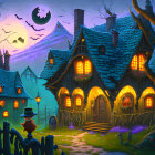 Whimsical cottage illustration at twilight in mystical forest