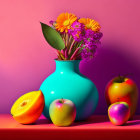 Colorful digital painting of turquoise vase, flowers, and ornate objects on red surface against abstract backdrop