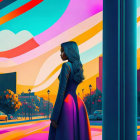 Colorful city street illustration with woman gazing under urban sunset.