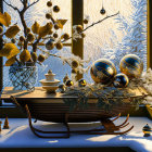 Winter-themed decorative sleigh with ornaments and branches by window at twilight