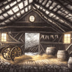 Sunlit rustic wooden barn interior with hay, barrels, and sunlight.