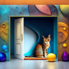 Colorful surrealist artwork: Cat in whimsical room with abstract elements and vibrant vases