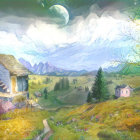 Fantasy landscape with whimsical castles, lush greenery, winding path, and large moon.