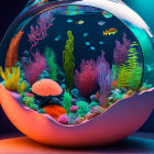 Colorful Coral and Fish in Round Glass Aquarium with Blue Lighting