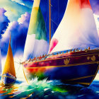 Colorful Sailboat Racing Artwork Against Blue Skies