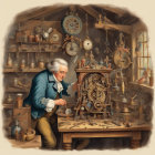 Elderly man with white beard works on intricate clockwork mechanism