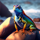 Vivid Blue and Green Iguana Basking on Sea Rocks