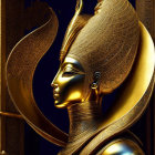 Egyptian goddess illustration: golden headdress, crescent moon, hieroglyphic patterns