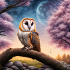 Owl on tree branch with twilight sky and moon