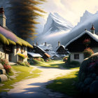 Snowy mountain village with chalets, flowers, and alpine peaks