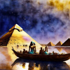 Ancient Egyptian boat scene with pyramids under dramatic sky