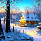 Snow-covered cottages in a winter twilight scene.