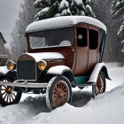 Snow-covered vintage car by wooden cabin in snowy forest.