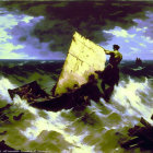 Person on Fragmented Boat in Turbulent Green Sea Storm