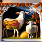 3D paper art diorama of sheep, trees, and warm lighting