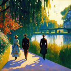 Vintage Attired Trio Walking by Lake with Colorful Trees in Impressionist Painting