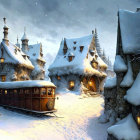 Snow-covered village with illuminated houses & vintage tram at dusk