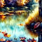 Tranquil autumn water scene with colorful falling leaves