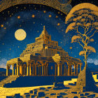 Gold and Blue Fantasy Landscape with Staircase and Ziggurat Under Starry Sky