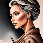 Digital portrait of elegant woman in vintage attire with pen and earring