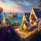 Coastal village sunset with flowers, cottages, sea, boats, pastel sky