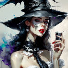 Stylized witch-themed artwork with woman holding chalice