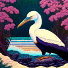 White Pelican in Purple Flower Garden by Blue Water