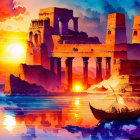 Ancient ruins watercolor painting: sunset sea view with boat