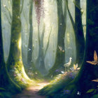 Enchanting forest scene with glowing butterflies and sunbeams