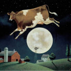 Cow jumping over full moon in whimsical farm scene