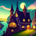 Whimsical illustration of magical house under starry night sky