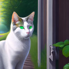 White Cat with Green Eyes by Wooden Fence in Sunlight